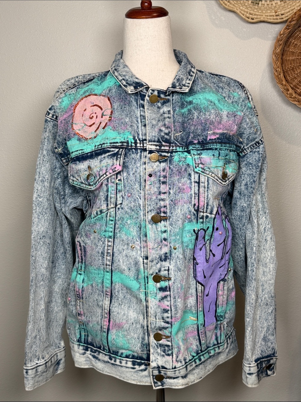 Vintage 80s 90s Hand Painted Acid Wash Denim Jean Jacket USA Women’s Medium